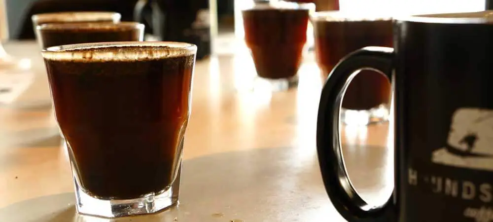 Closeup of several shots of espresso from Houndstooth cafe in Austin, Texas.