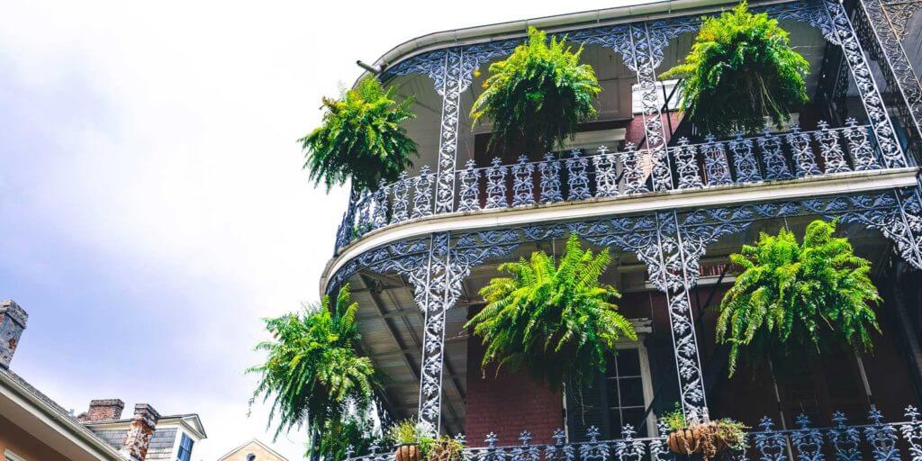 Classic New Orleans French Quarter building with wrought iron balcony and hanging plants.
