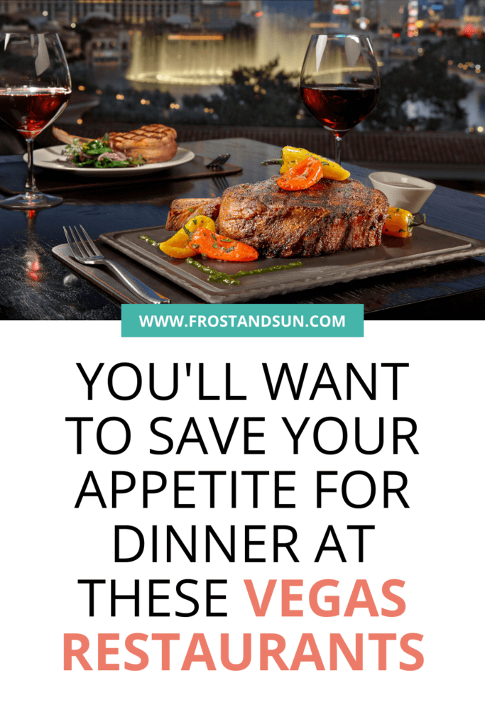 Photo of a thick steak with a glass of wine and the Bellagio Las Vegas fountains in the background.