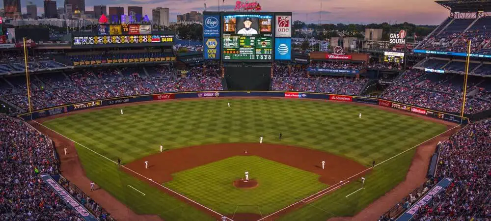 Landscape view of an Atlanta Braves MLB baseball game at a baseball park.