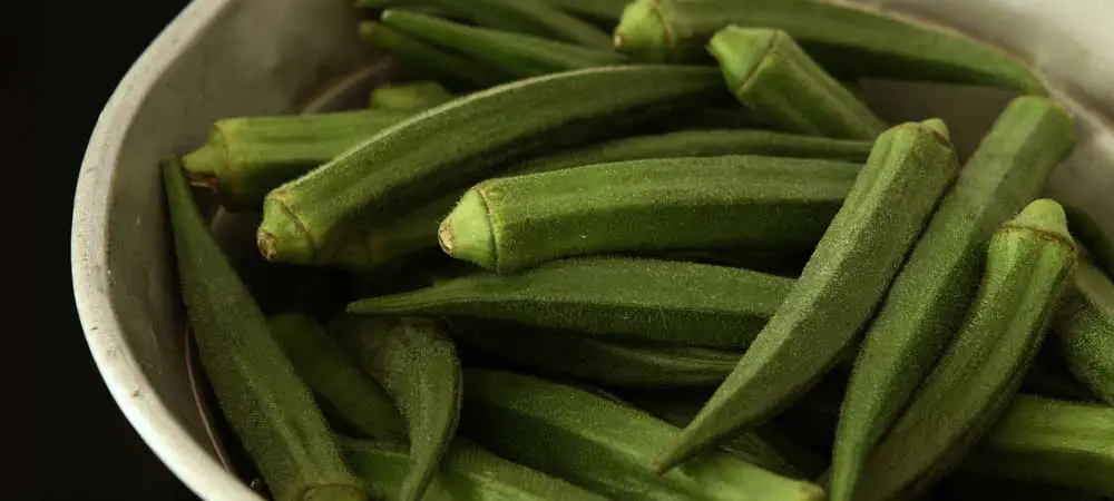 Closeup of a bowl of fresh, uncooked okra.