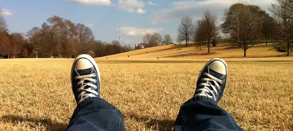 Photo of a person's feet in Converse sneakers overlooking a park.