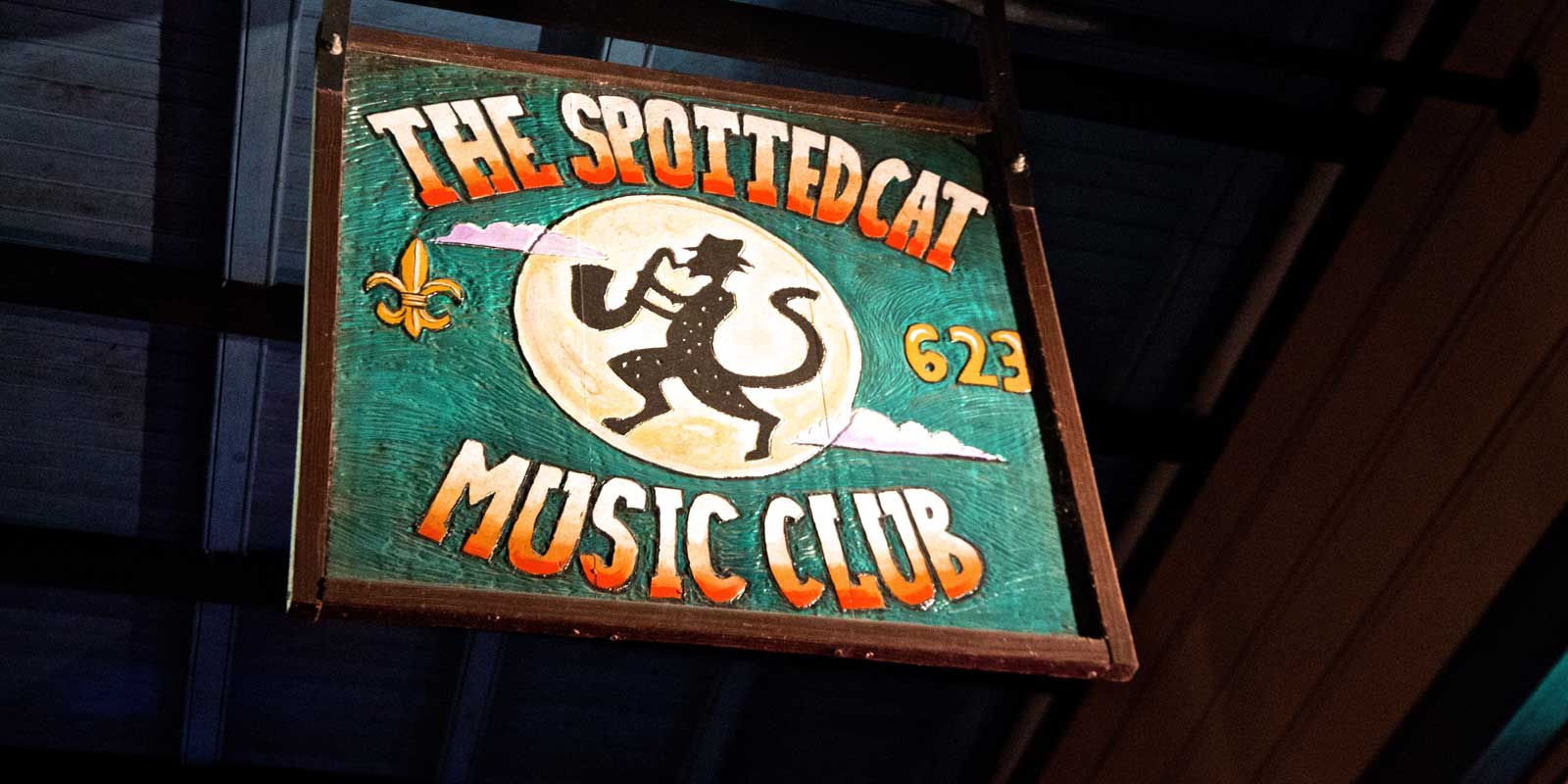 Photo of the sign for The Spotted Cat Music Club in New Orleans, Louisiana