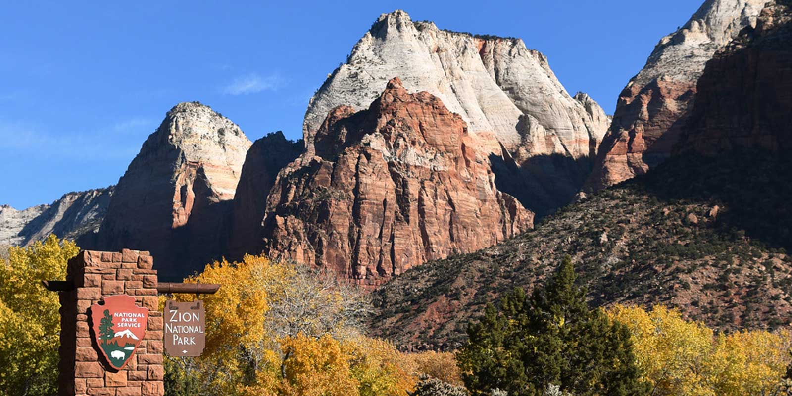 Landscape of an entrance for Zion National Park with perfect blue skies, trees with yellow and orange leaves, and rock formations in the background.