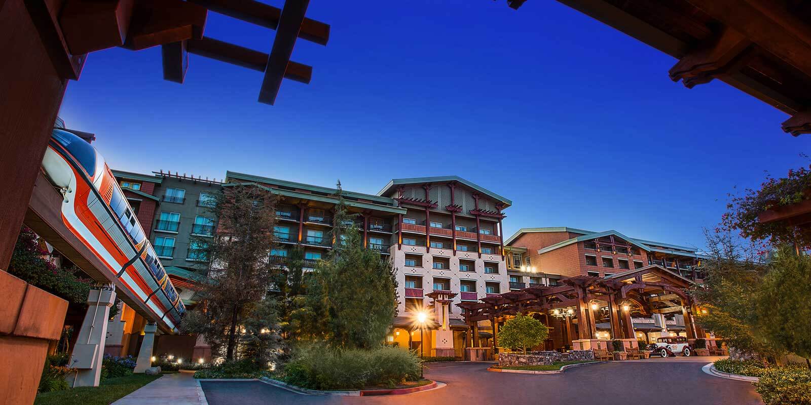 Landscape shot of Disney's Grand Californian Villas from underneath the monorail.