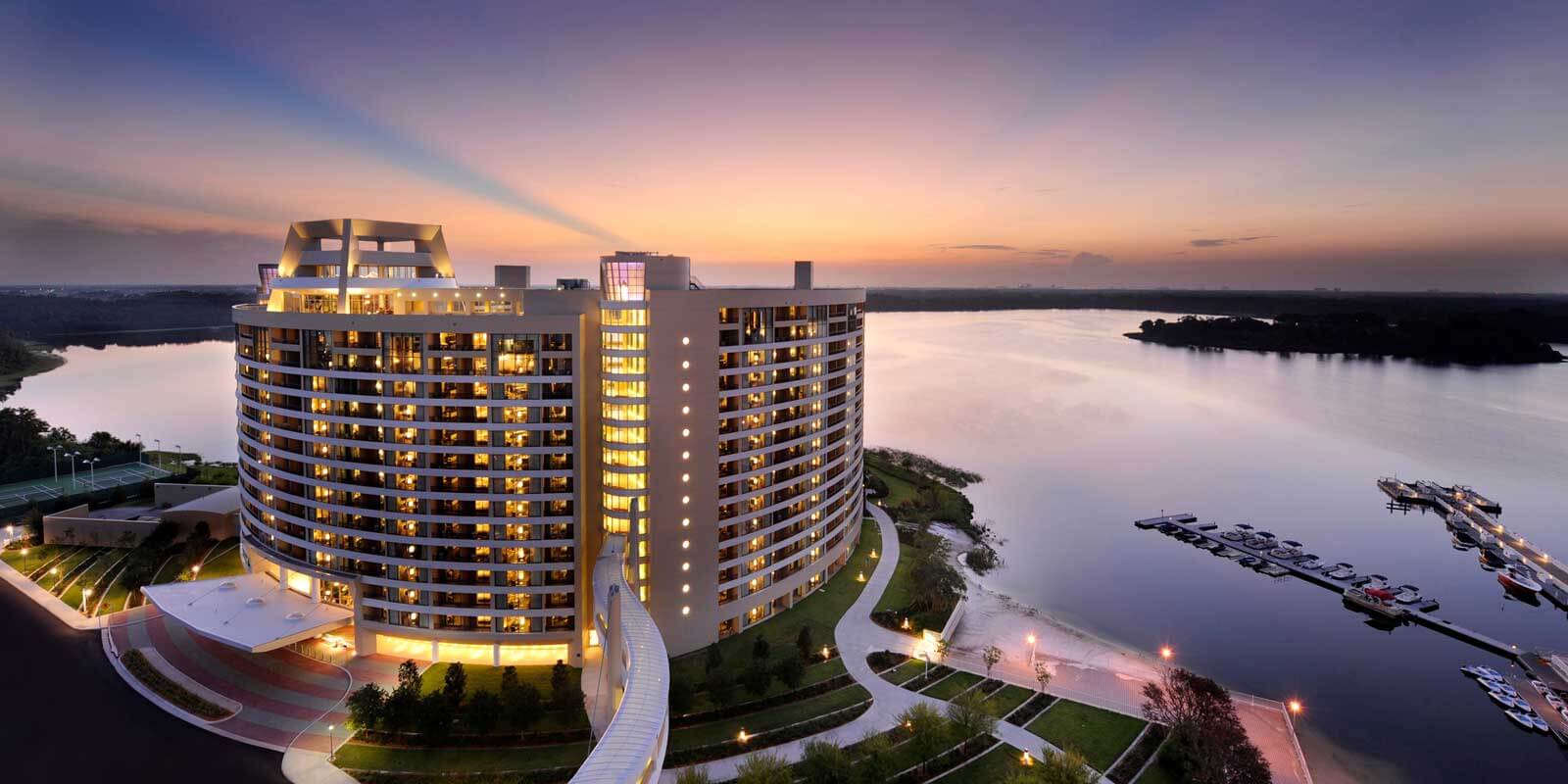 Photograph of Bay Lake Tower at sunset