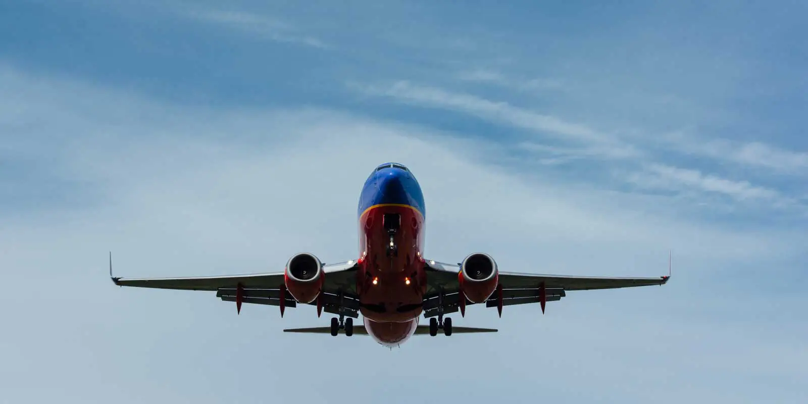 Overhead view of a Southwest Airlines plane flying above