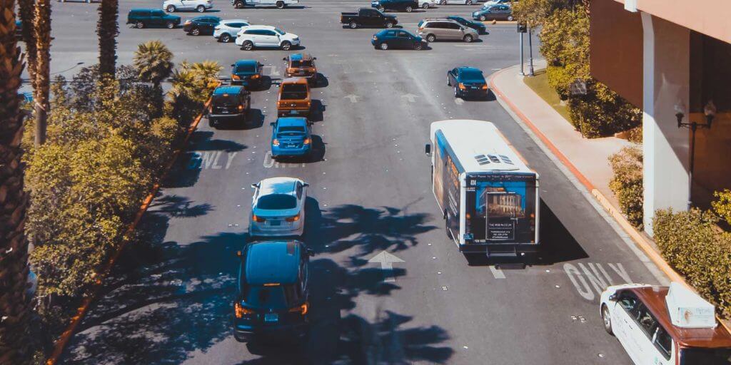 Landscape photo of traffic on a street in Las Vegas.