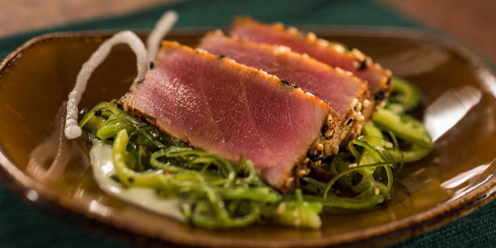 Close up of a small plate of tuna tataki