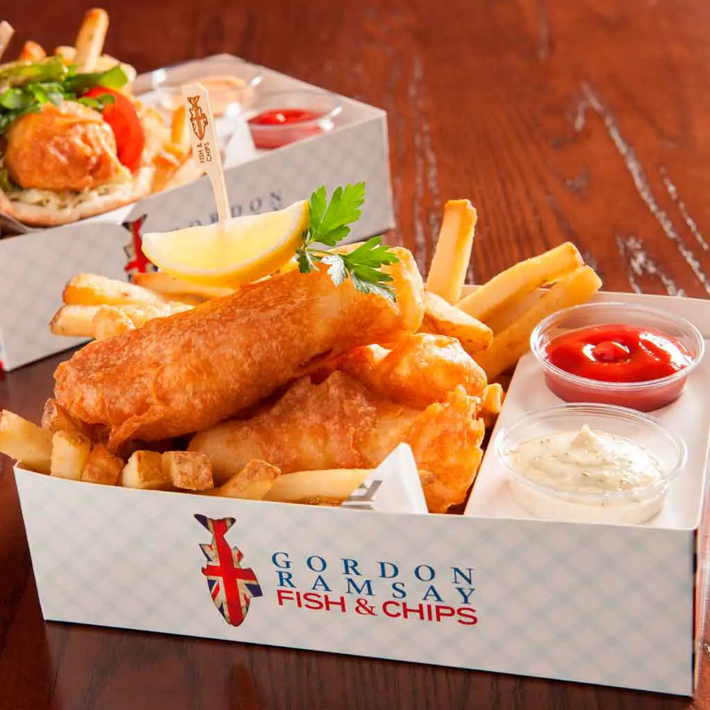 Closeup of a bucket of french fries from Gordon Ramsay Fish & Chips in Las Vegas.