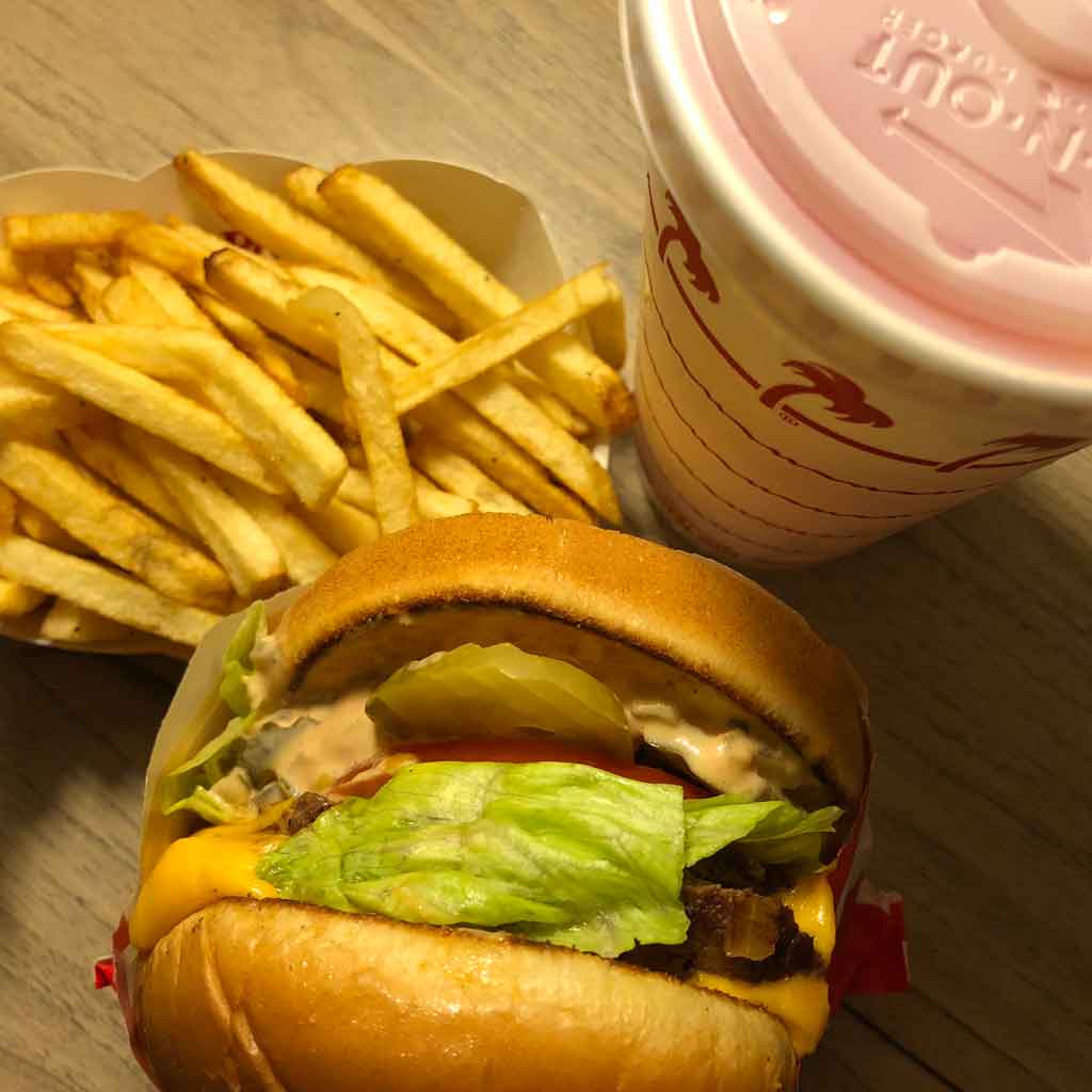 Closeup of a burger, fries, and soft drink from In-n-Out in Las Vegas.