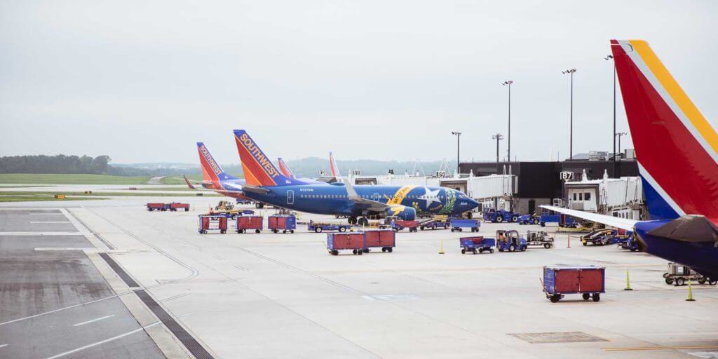 Photo of Southwest Airlines planes outside an airport.