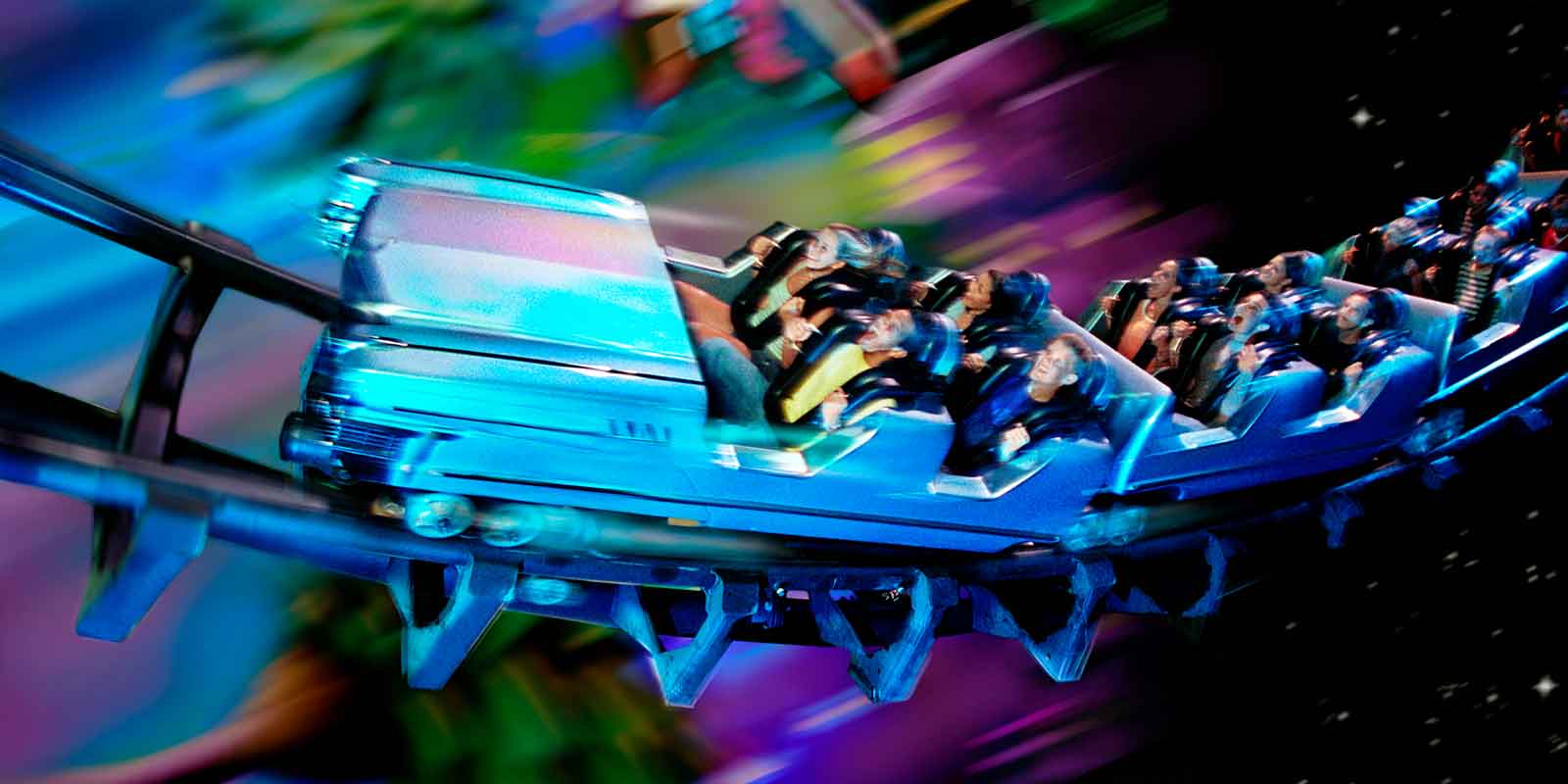 Photo composite of a group of people on the Rock n Roller Coaster at Hollywood Studios.