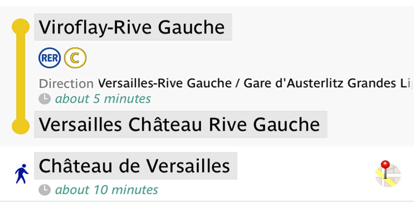 Screenshot of directions to Chateau de Versailles via Paris RER train.