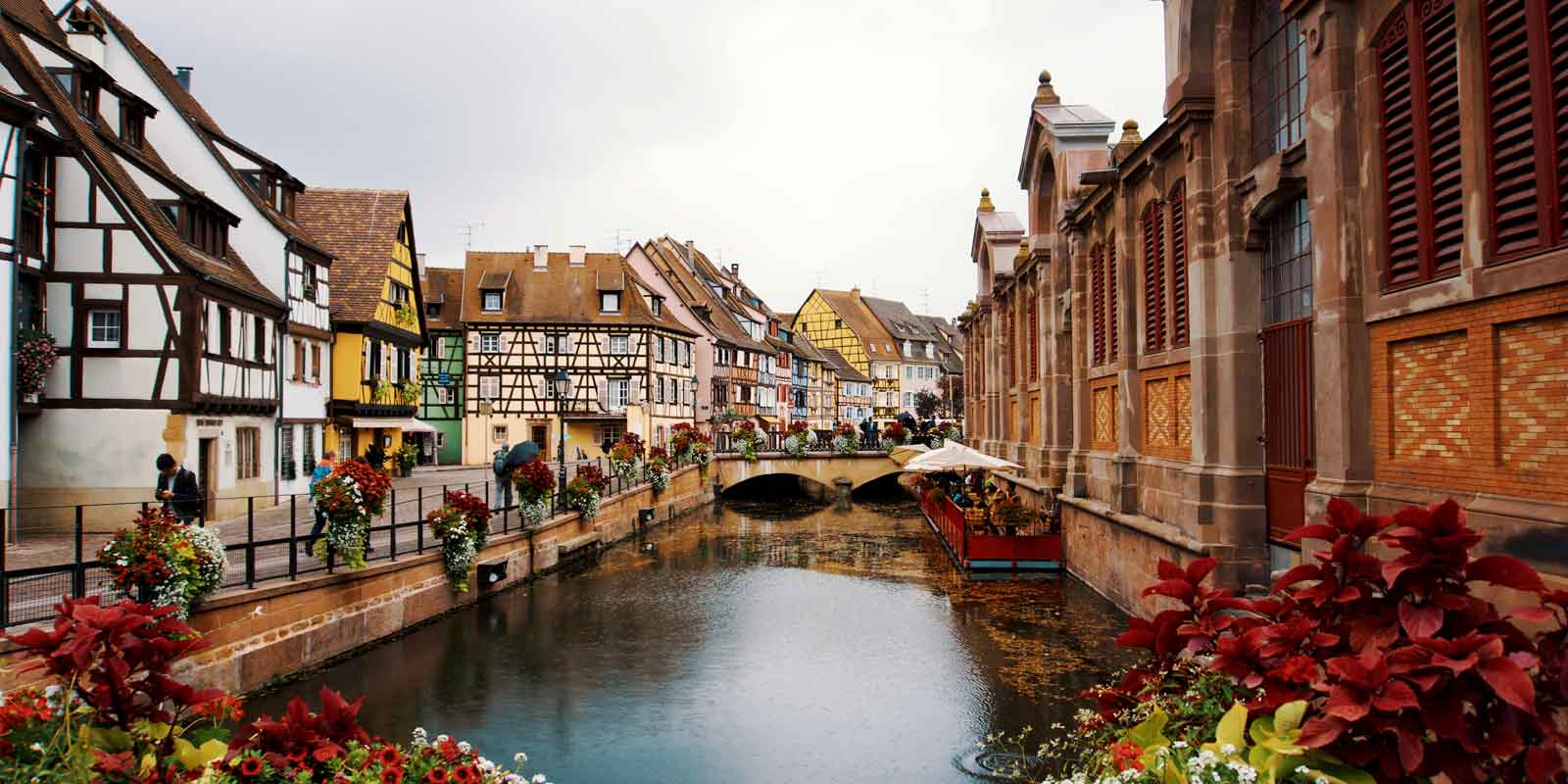 Landscape view of Colmar, France and its colorful fairytale like buildings.