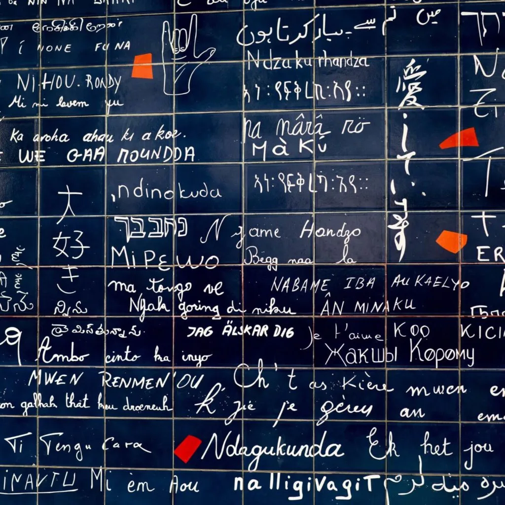 Closeup of the Wall of Love in Paris, France.