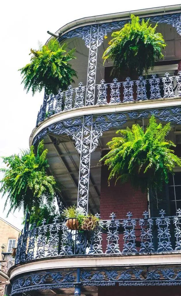 Closeup of a hotel in New Orleans' French Quarter with 3 floors of balconies featuring iron rails and hanging plants.