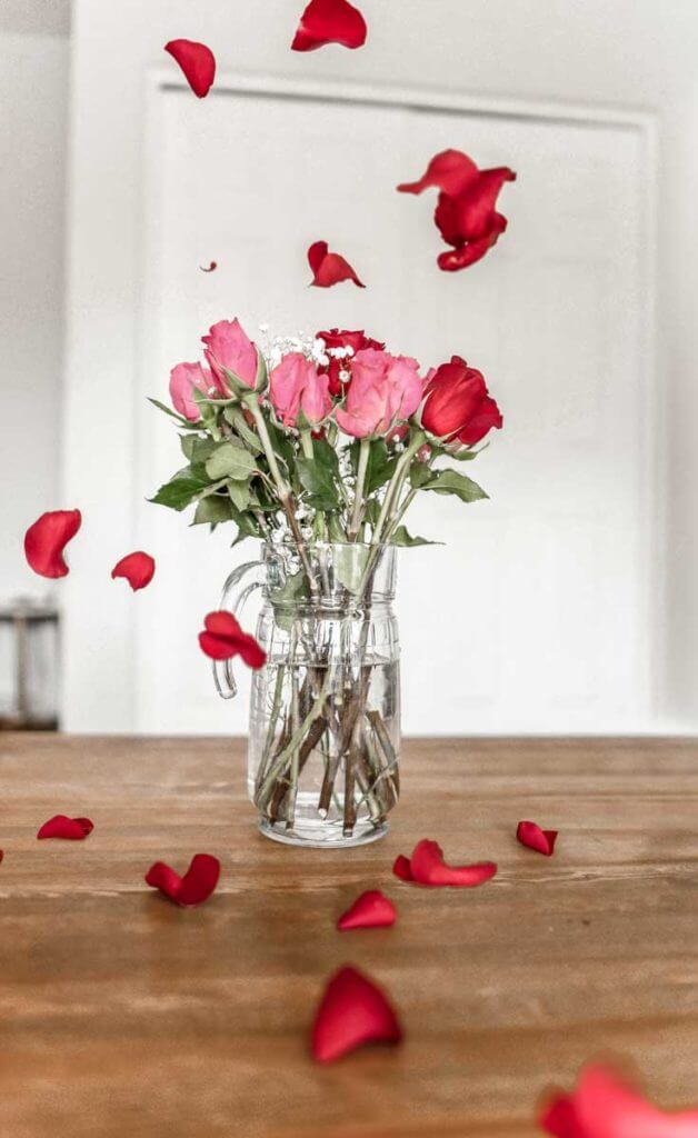 Vase of pink and red roses with red rose petals floating down like rain.