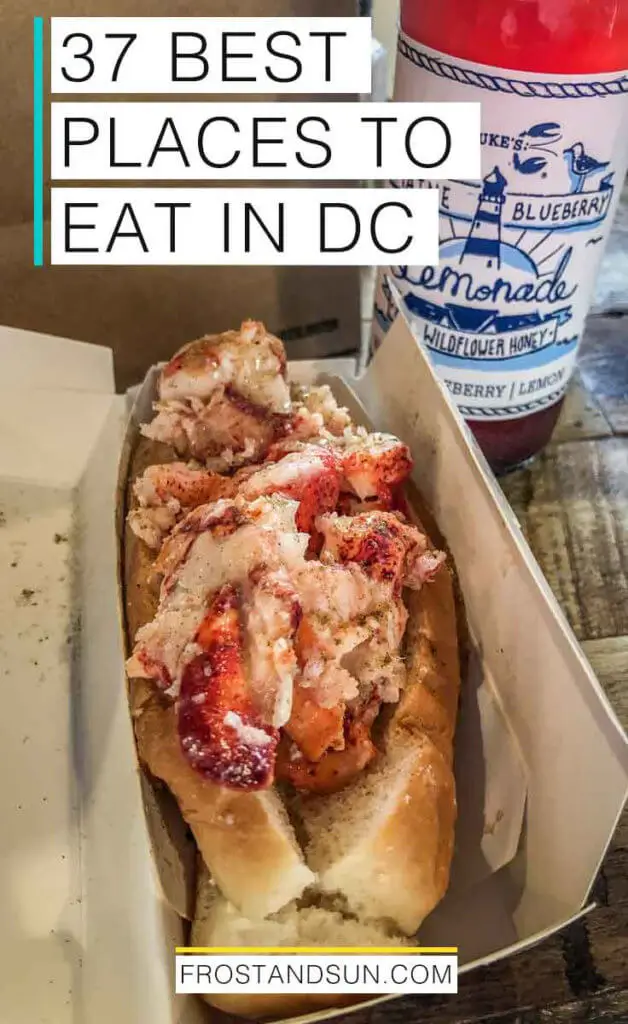 Closeup of lobster salad in a hot dog bun with a bottle of blueberry lemonade in the background. Overlying text reads "37 Best Places to Eat in DC."