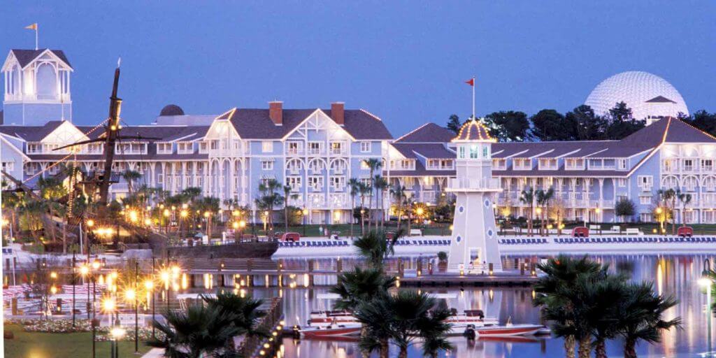 Landscape photograph of Disney's Beach Club Resort, nearby Epcot theme park.