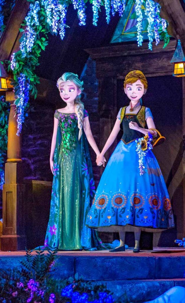 Closeup of a scene from the Frozen Ever After ride, featuring Queen Elsa and Princess Anna, at Disney World's Epcot theme park.