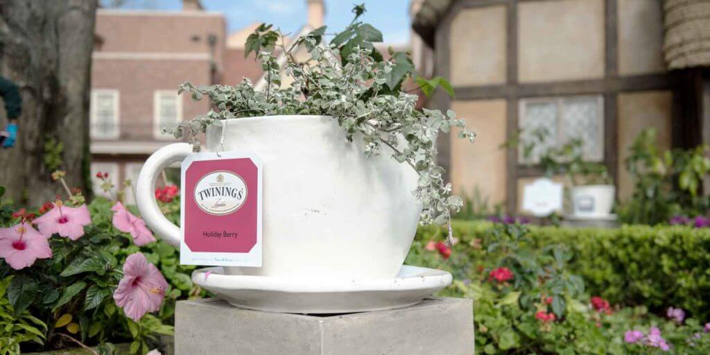 Close up of a gigantic white teacup shaped planter with a green plant growing out of it and a faux Twinings teabag tag.