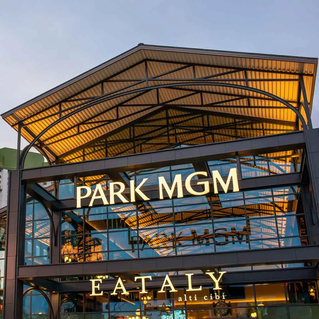 Closeup of the building and signage for the Park MGM Eataly food hall.