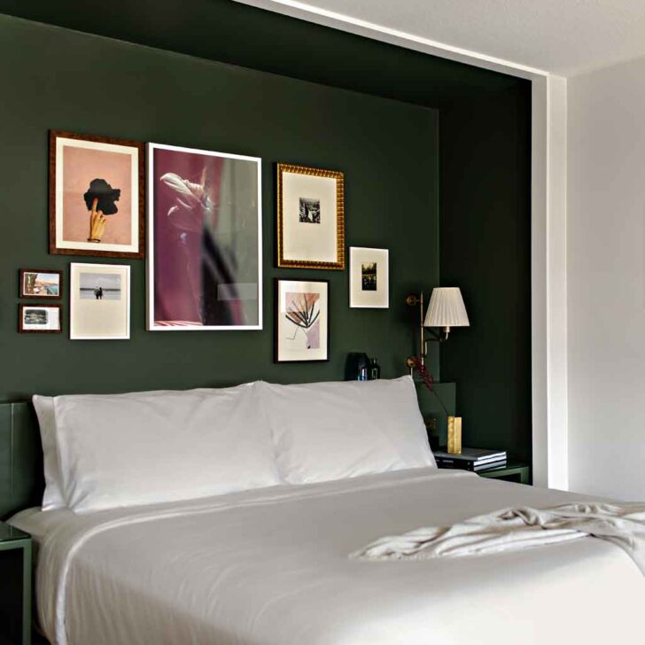 Photograph of the bed and decor of a Park MGM Stay Well room.