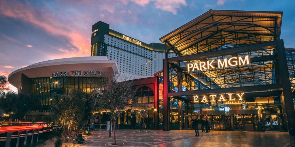 Landscape view of the buildings that make up the Park Theater, Park MGM hotel towers, and Eataly.