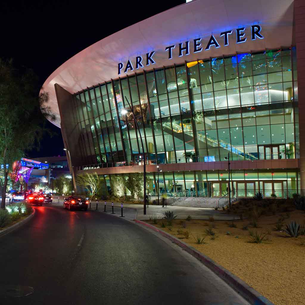 Photograph of the outside of the MGM Park Theater at night.