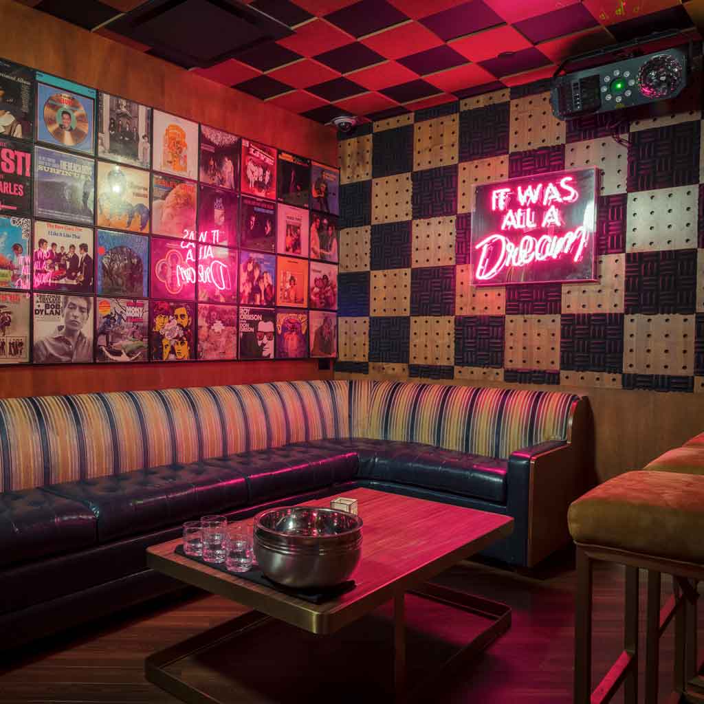 Closeup of a corner at On the Record with the walls covered with bright, vintage record covers and a neon pink sign that reads "It was all a dream."