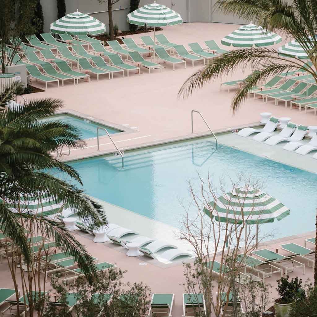Landscape view of the Park MGM pool through some palm trees.