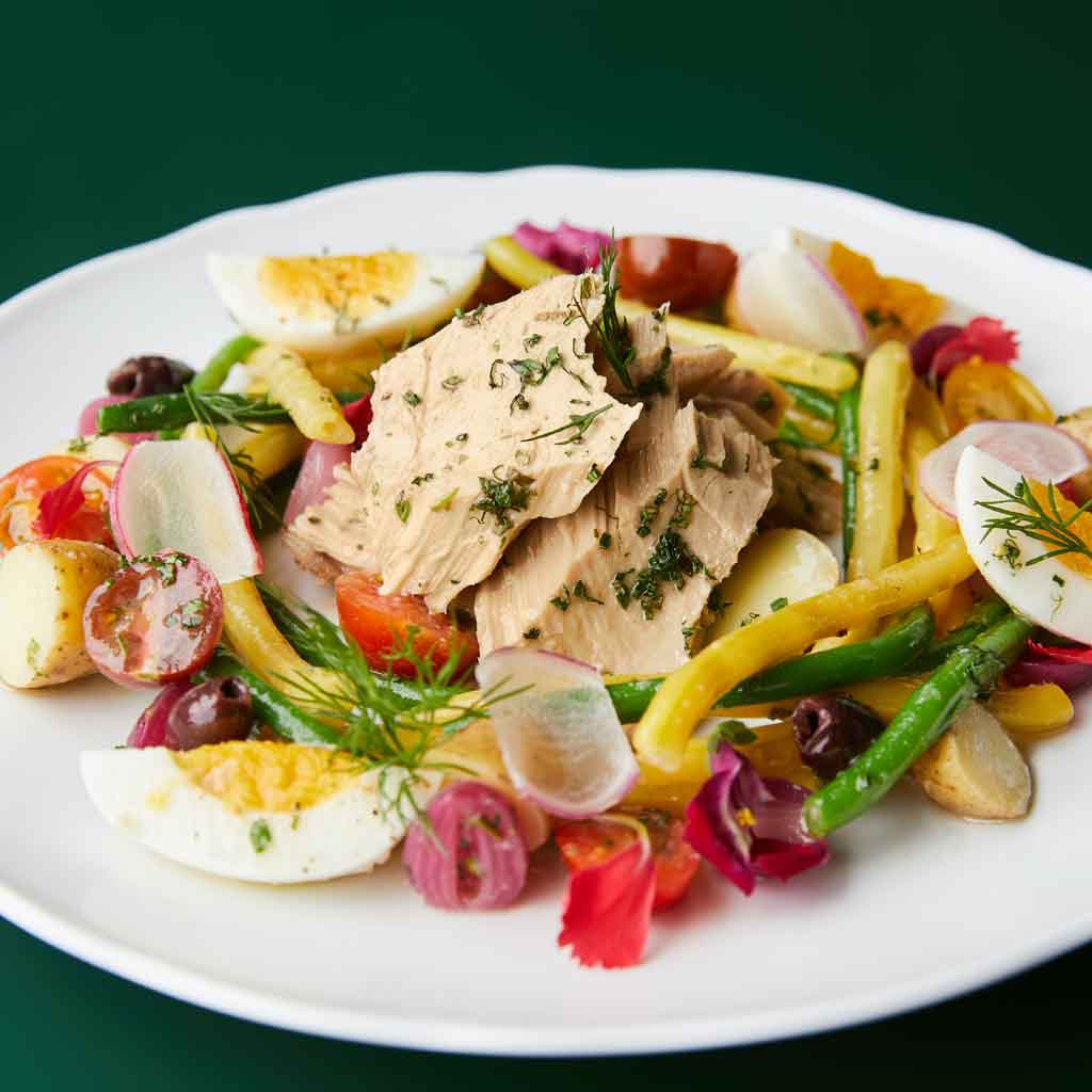 Closeup of a tuna nicoise salad from Primrose at Park MGM hotel.