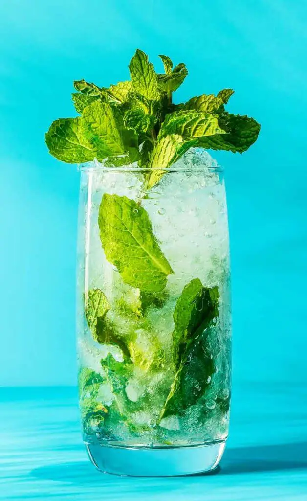 Closeup of a classic mojito cocktail with lots of mint leaves, set against a bright turquoise background.