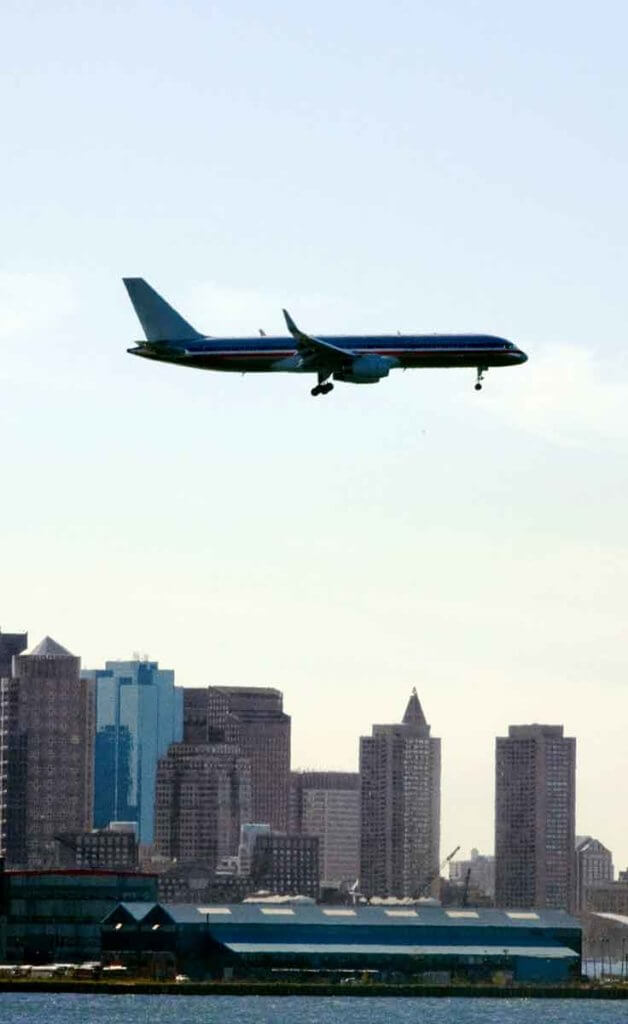 Snapshot of a plan flying over the city of Boston, MA.