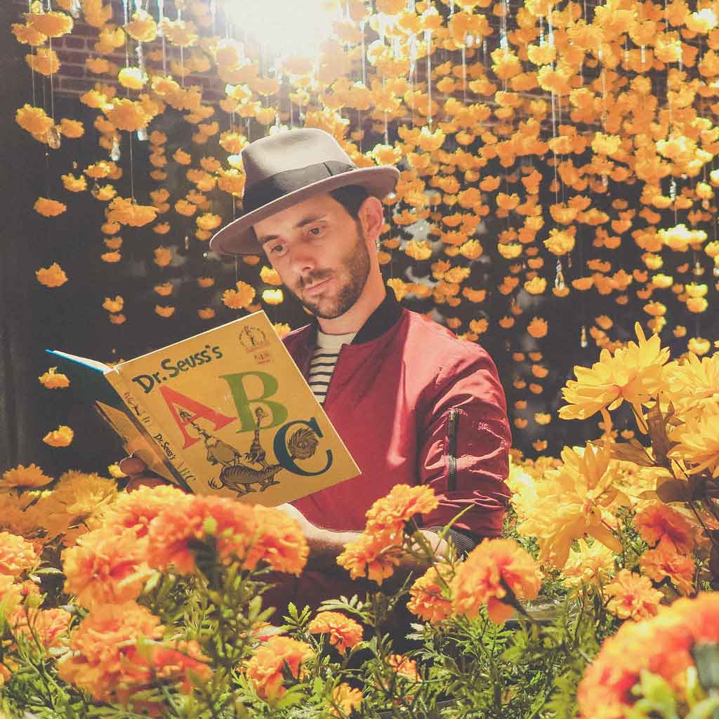 A man reading Dr Seuss's ABC book amongst lots of yellow and orange flowers.