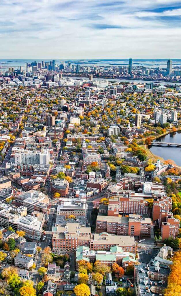 Aerial view of Cambridge, MA during the Fall season.