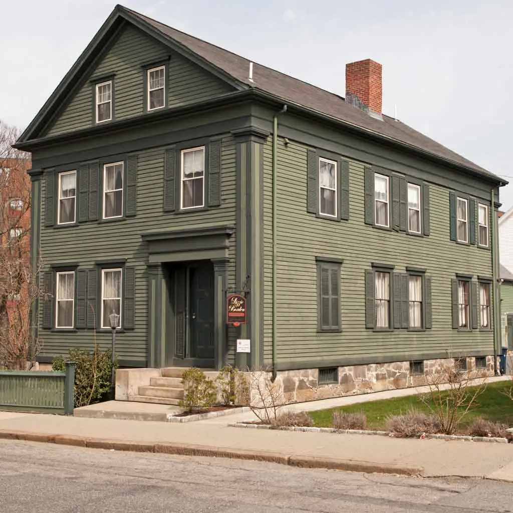 Closeup of infamously alleged murderer Lizzie Borden's home.