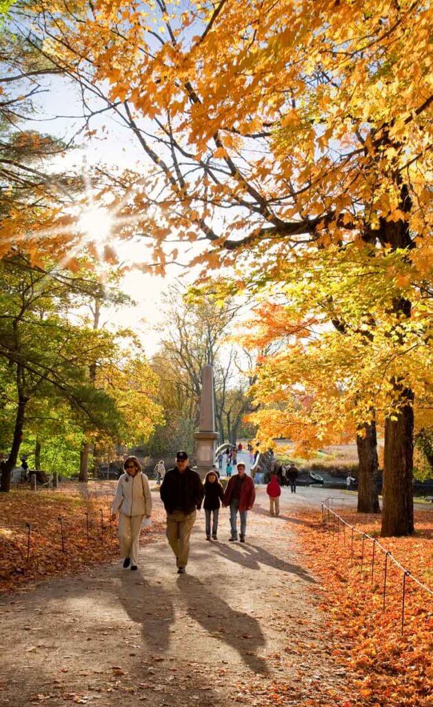 People walking on a path in the Concord, MA section of Minute Man National Historical Park with orange, yellow, and green trees along the landscape.