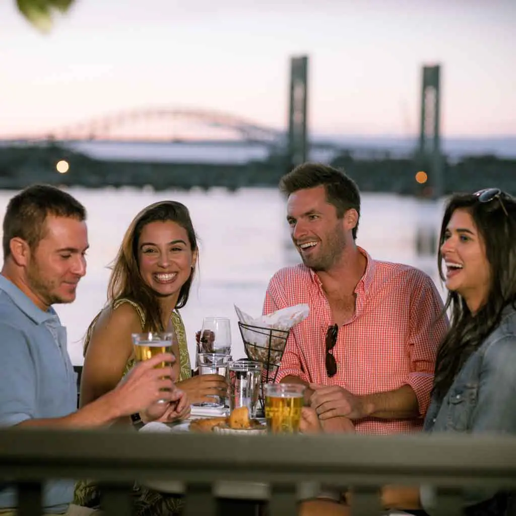 A group of 4 adults sitting at an outdoor table at a restaurant with beer and food in Portsmouth, NH. Portsmouth is an up-and-coming foodie hotspot perfect for culinary day trips from Boston.