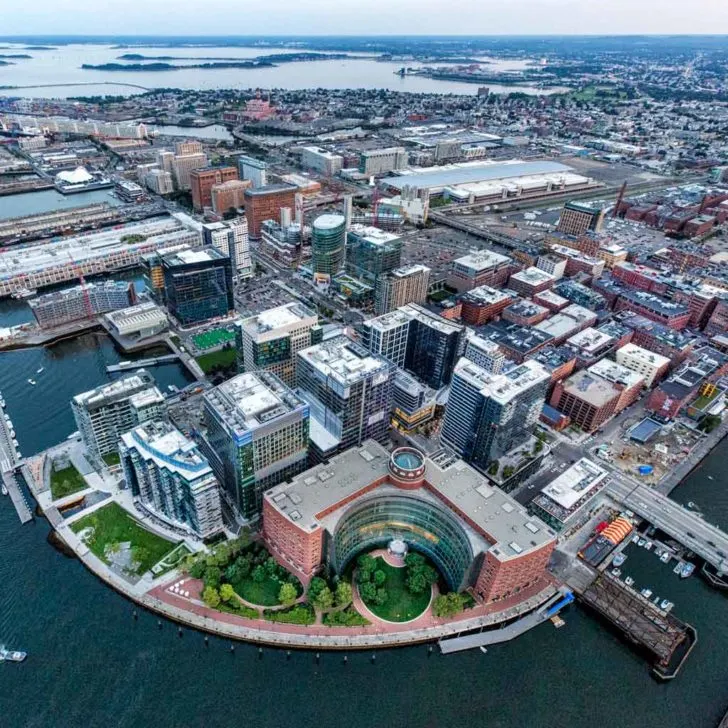 Aerial view of the Seaport district in Boston.