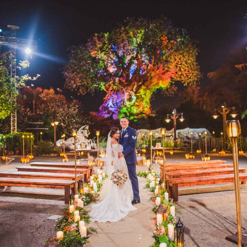 A man and woman standing in front of the Tree of Life in Animal Kingdom while in wedding attire.