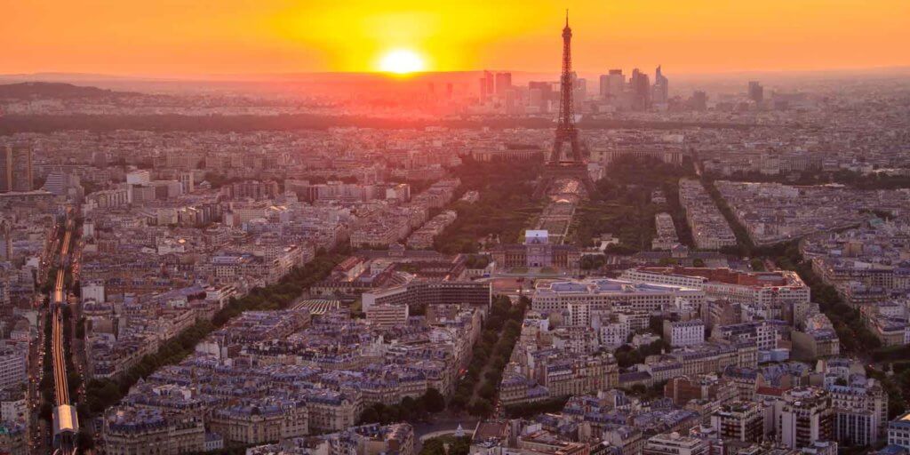 Aerial view of the city of Paris, France during sunset