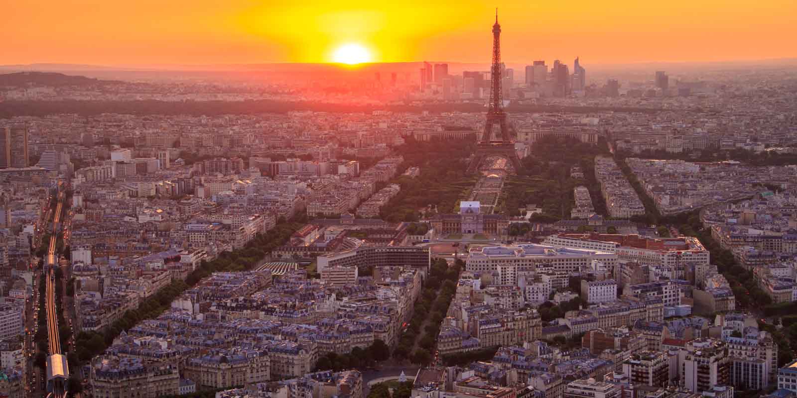 Aerial view of the city of Paris, France during sunset