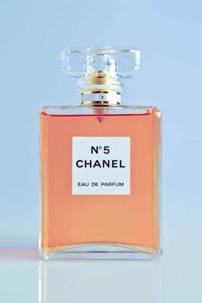 Closeup photo of a bottle of Coco Chanel Number 5 perfume