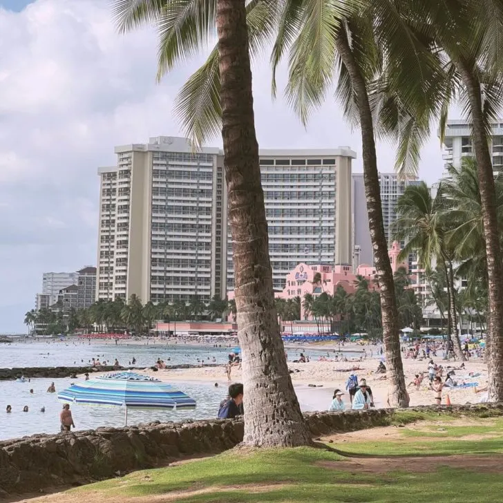 Photo of resorts lining Waikiki Beach in Honolulu, Oahu, Hawaii.