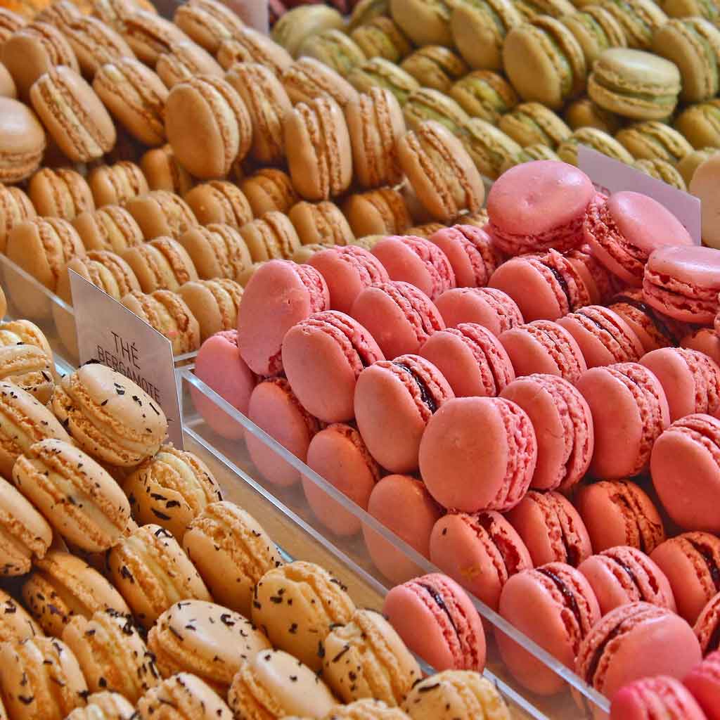 Closeup of French macaron cookies at a bakery