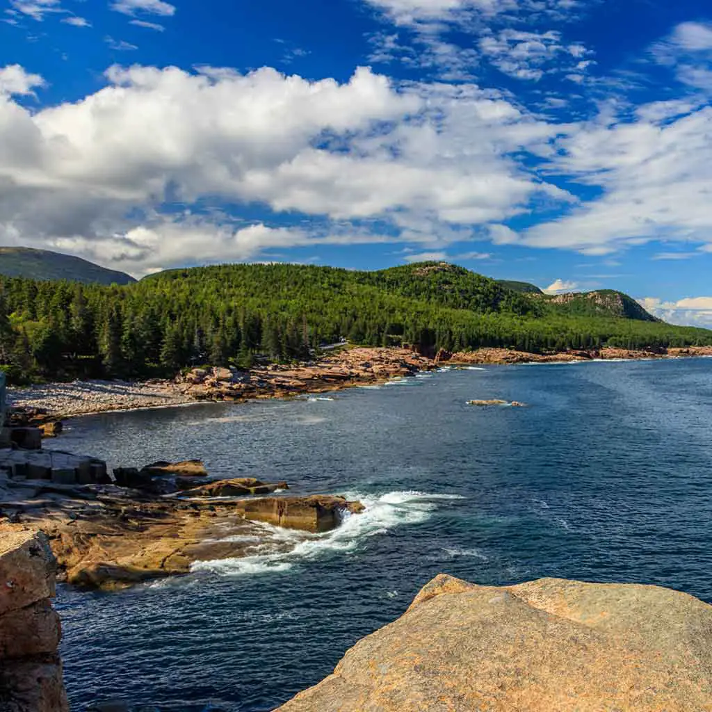 Photo of a view from Park Loop Road in Acadia National Park looking onto evergreen trees, rocky shoreline, and crashing waves.