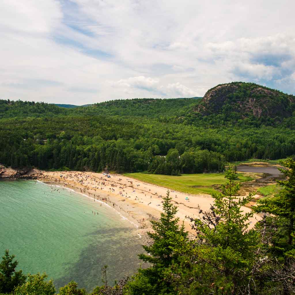 Aerial view of Sand Beach in Acadia National Park.
