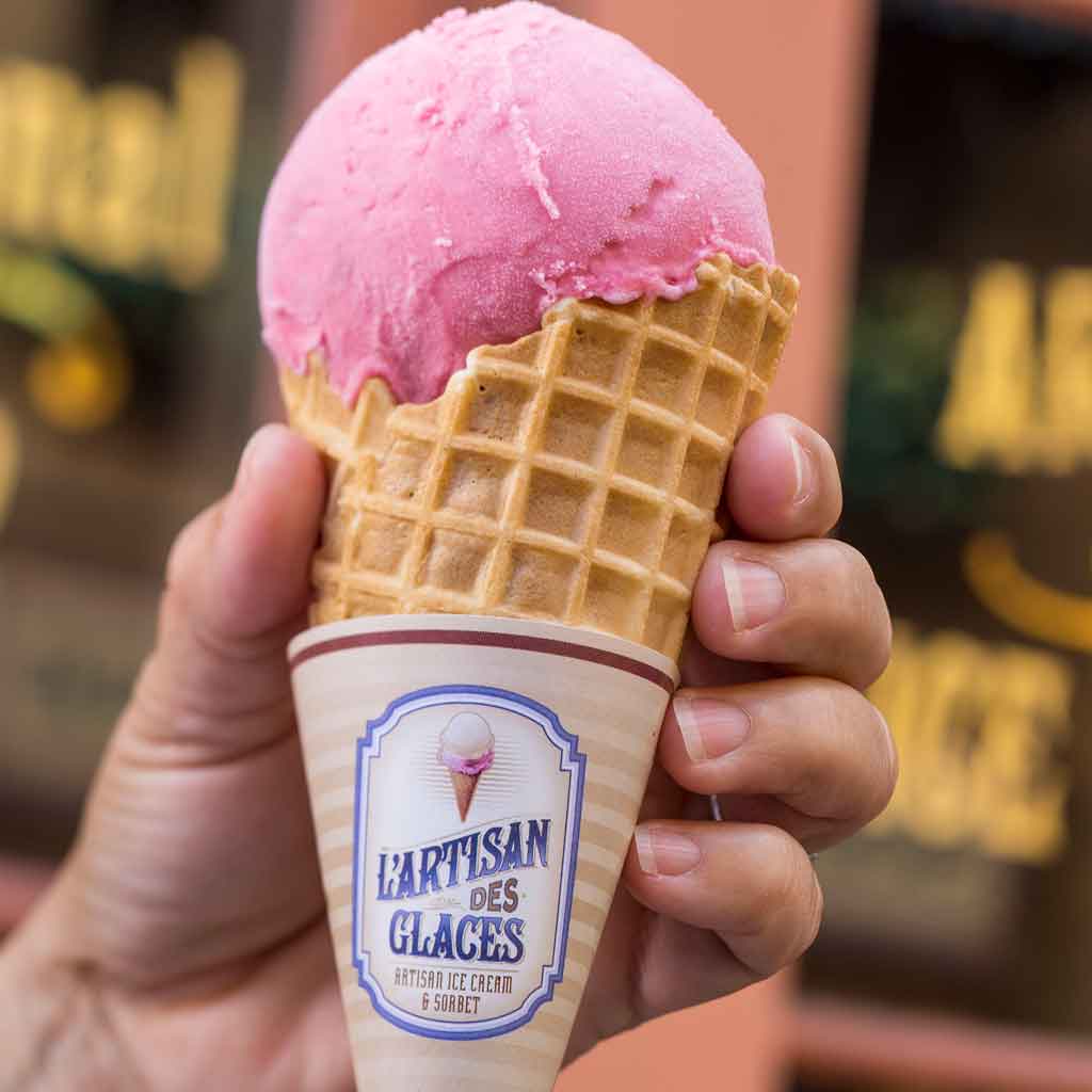 Closeup of an ice cream cone from L'Artisan des Glaces.
